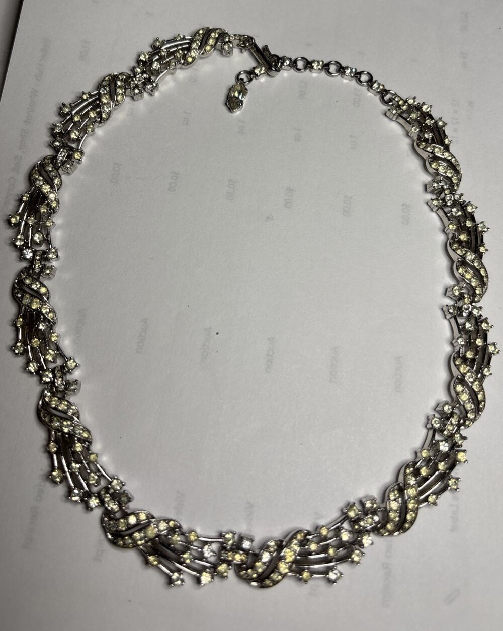 Vintage Crown Trifari Clear Rhinestone Baguette Ribbon Collar Necklace Signed